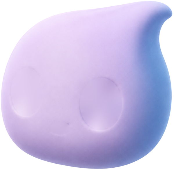 Povi, a soft purple droplet-shaped character with large dark eyes and a small friendly smile.